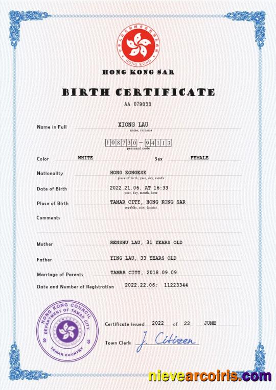 Hong-Kong vital record birth certificate